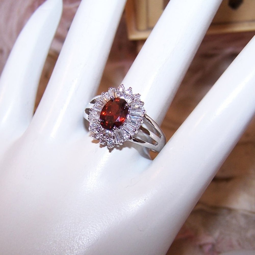 Sterling Silver Red & Clear Cubic Zirconia CZ Engagement Ring - Size 9